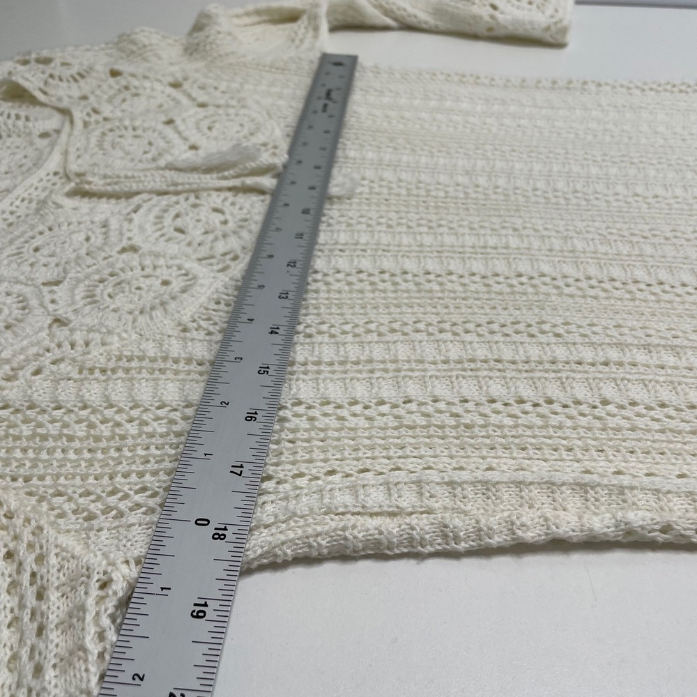 CJ Bank Ivory Crochet Knit Tunic Sweater 3/4 Sleeve Tassel Boho Hippie Granola M - Picture 10 of 11